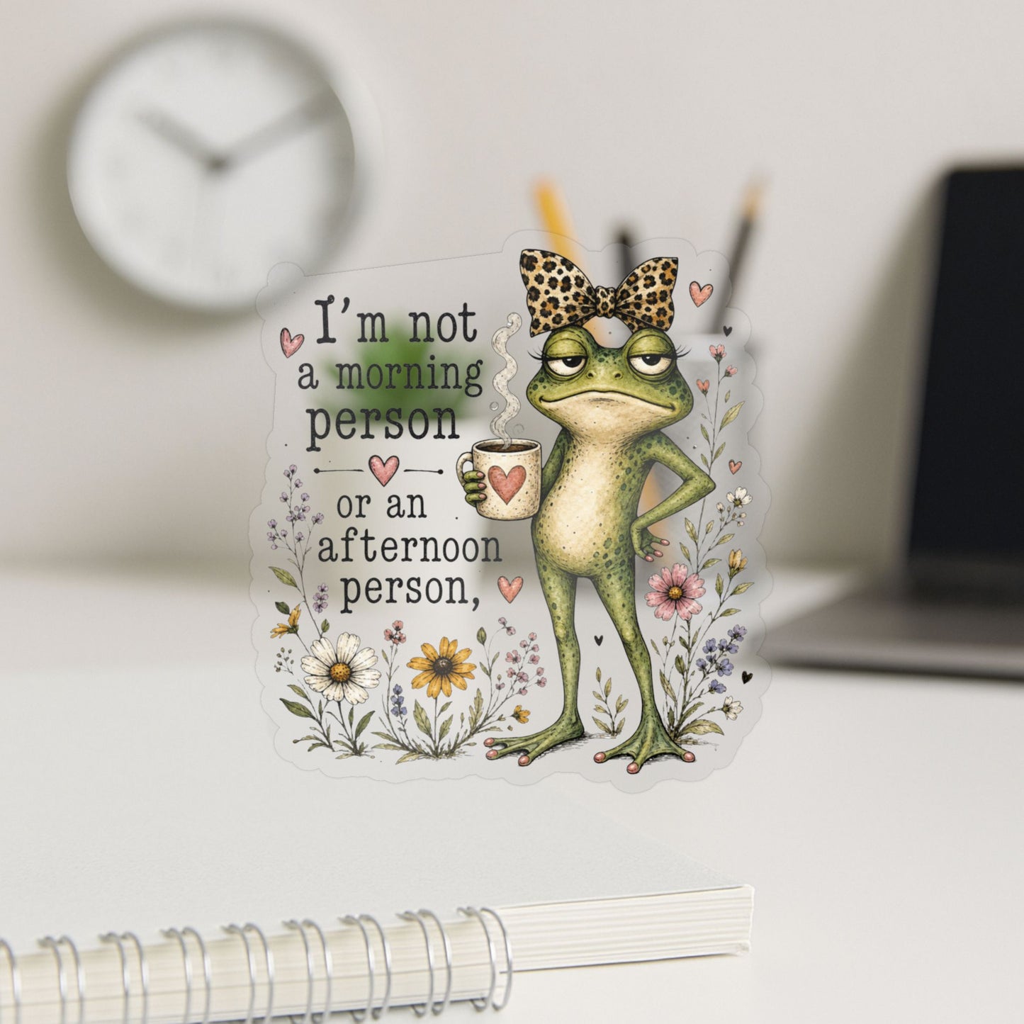 Grumpy Frog with Coffee Not a Morning Person Sticker | Kiss-Cut Vinyl Decal