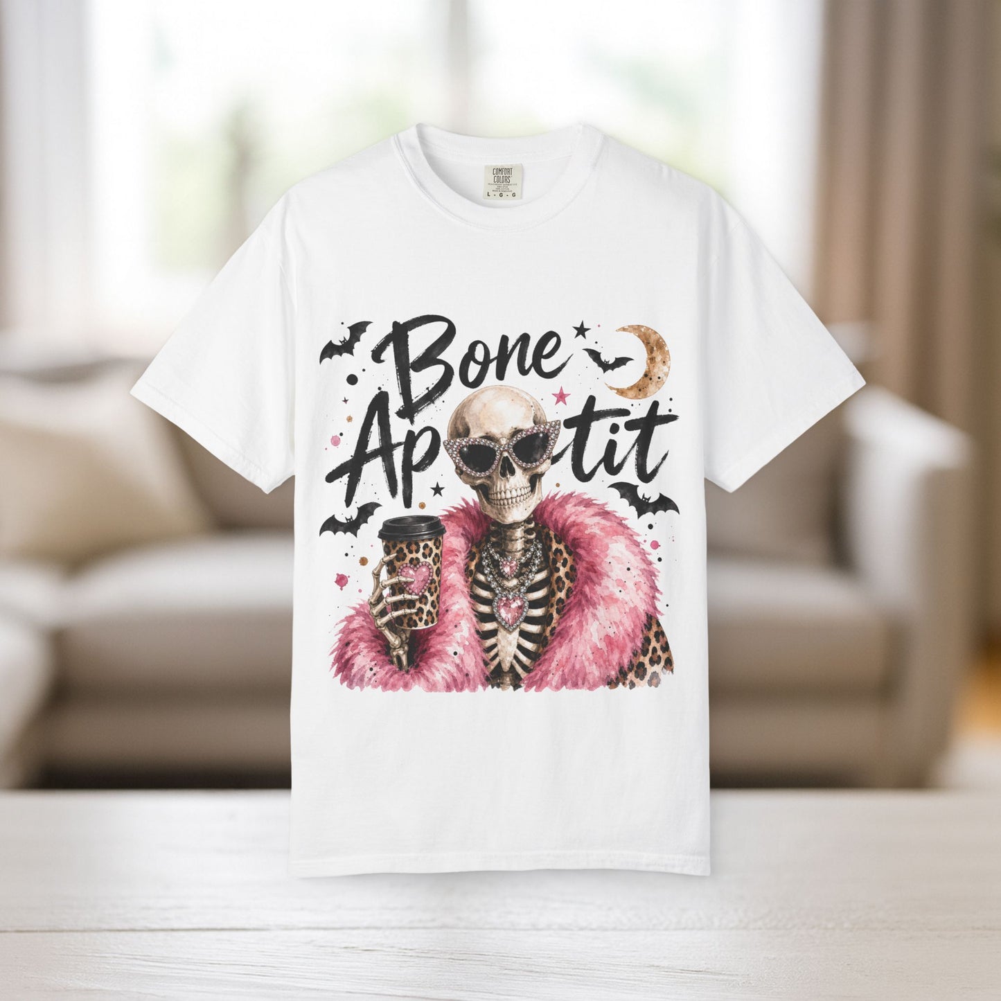 Bone Appetit Shirt | Glam Skeleton Comfort Colors Tee | Funny Halloween Graphic Tee | Sassy Skeleton Gift Shirt | Pink Leopard Halloween Tee