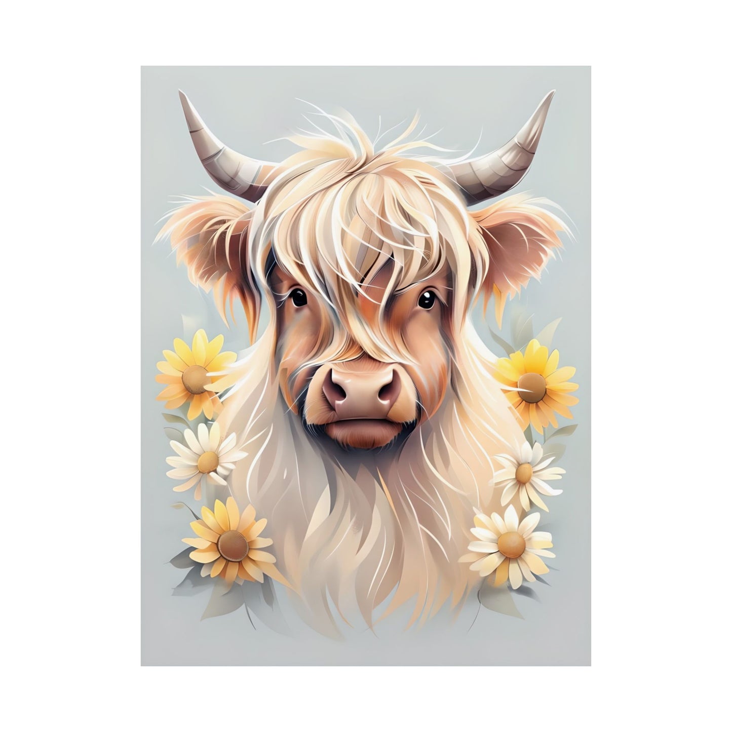 Whimsical Highland Cow Art Print, Farmhouse Wall Decor, Cute Cow Poster, Animal Lover Gift