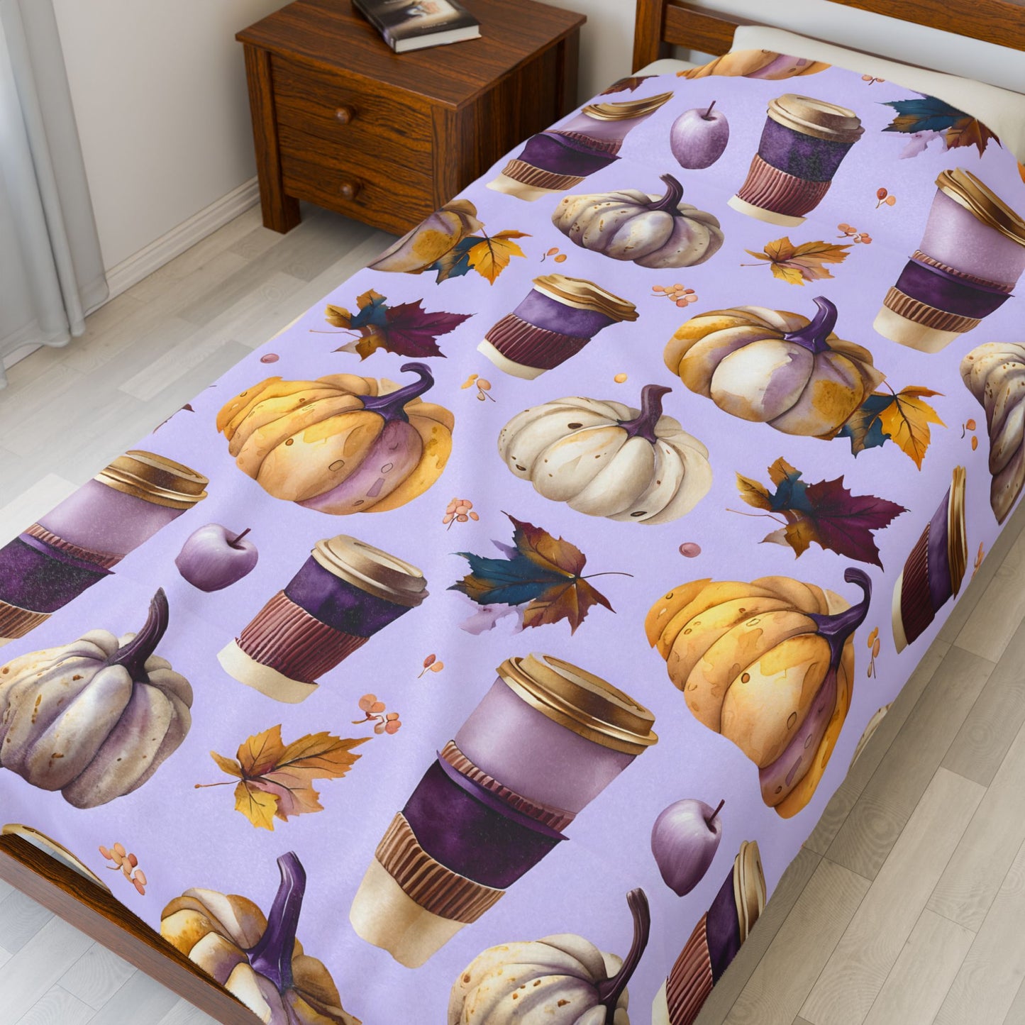 Velveteen Plush Blanket, Purple Watercolor Pumpkin and Coffee Throw, Soft Eco-Friendly Bedding, Cozy Fall Living Room Decor, Halloween