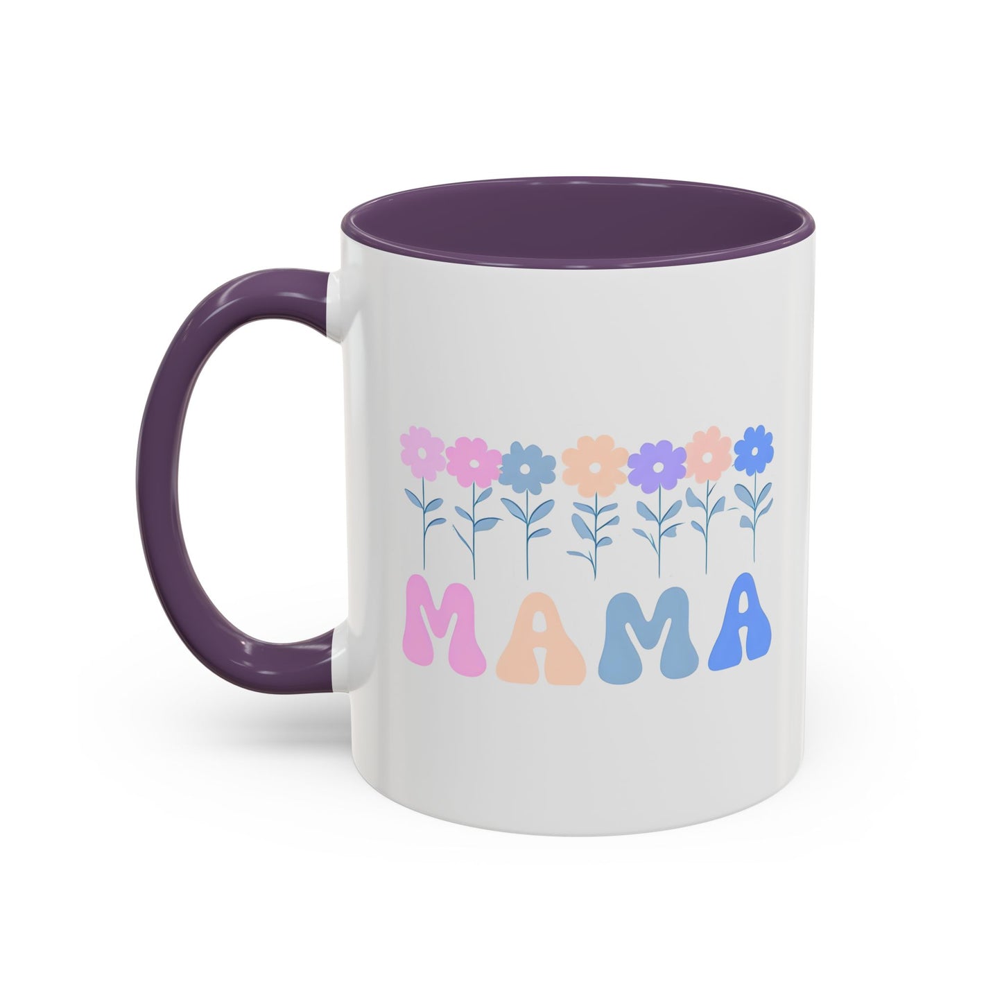 Floral Mama Accent Coffee Mug, Cute Gift for Mom, Pink Handle Coffee Cup, Mother's Day Present, Flower Mug for Moms