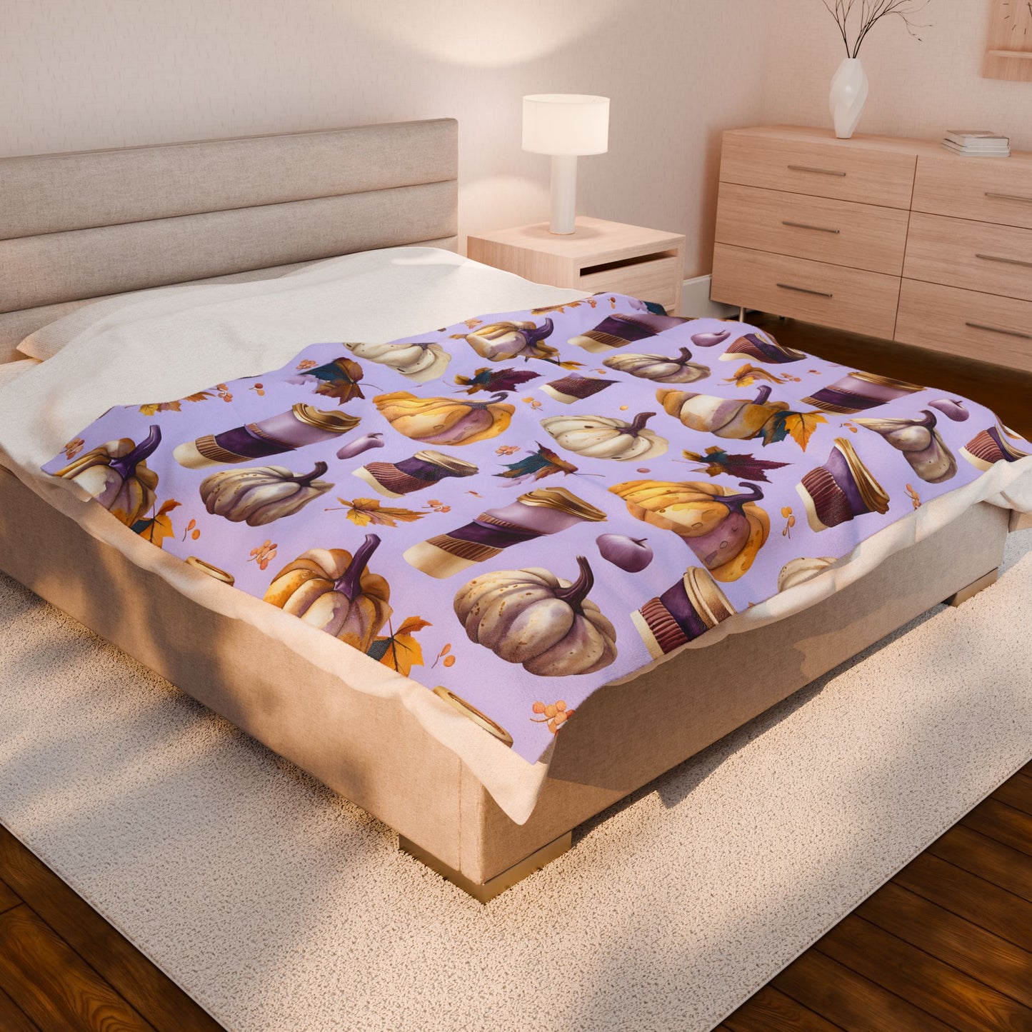 Velveteen Plush Blanket, Purple Watercolor Pumpkin and Coffee Throw, Soft Eco-Friendly Bedding, Cozy Fall Living Room Decor, Halloween