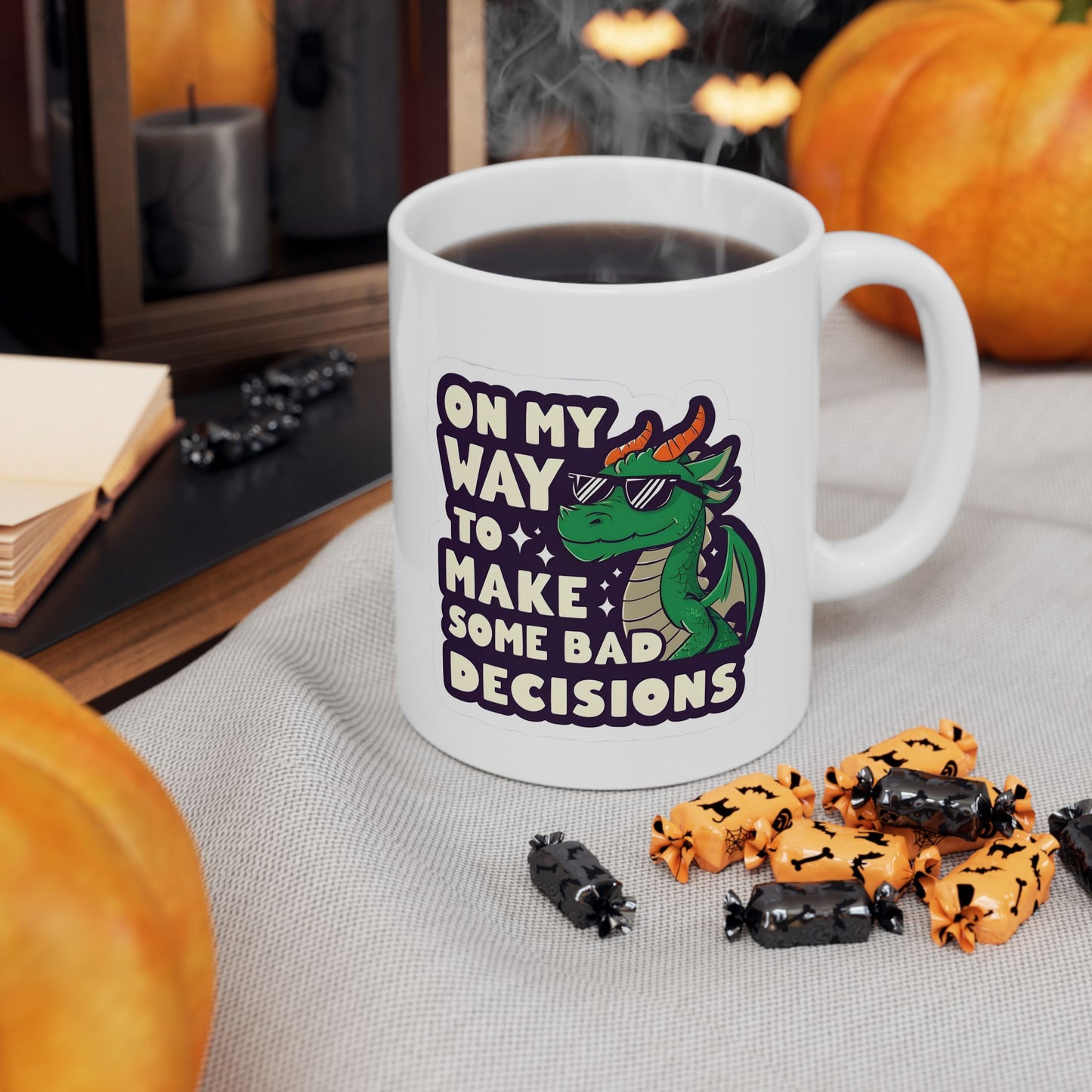 Dragon Design "On My Way to Make Bad Decisions" Ceramic Mug - Ideal for Fantasy Lovers, Unique Birthday Presents