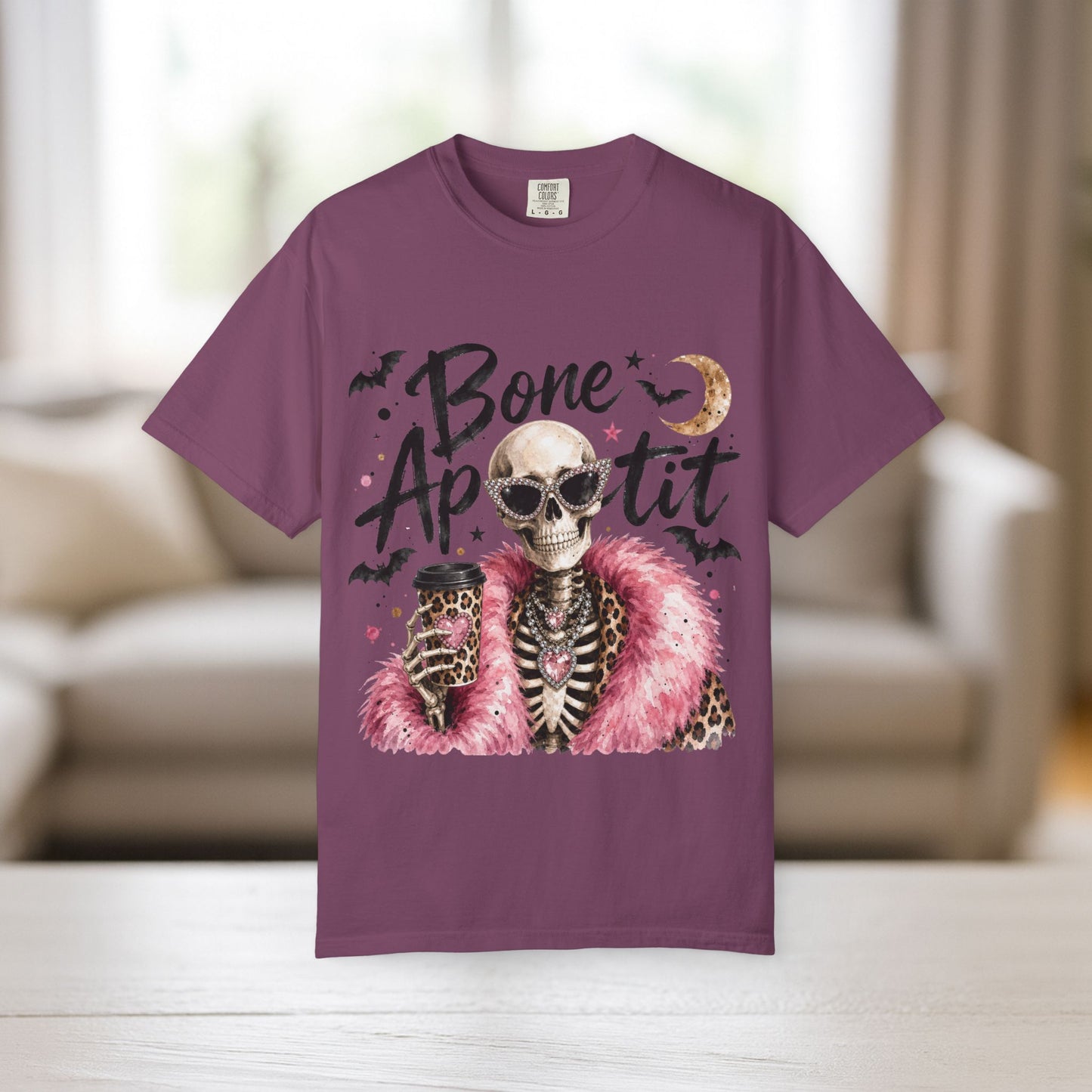 Bone Appetit Shirt | Glam Skeleton Comfort Colors Tee | Funny Halloween Graphic Tee | Sassy Skeleton Gift Shirt | Pink Leopard Halloween Tee