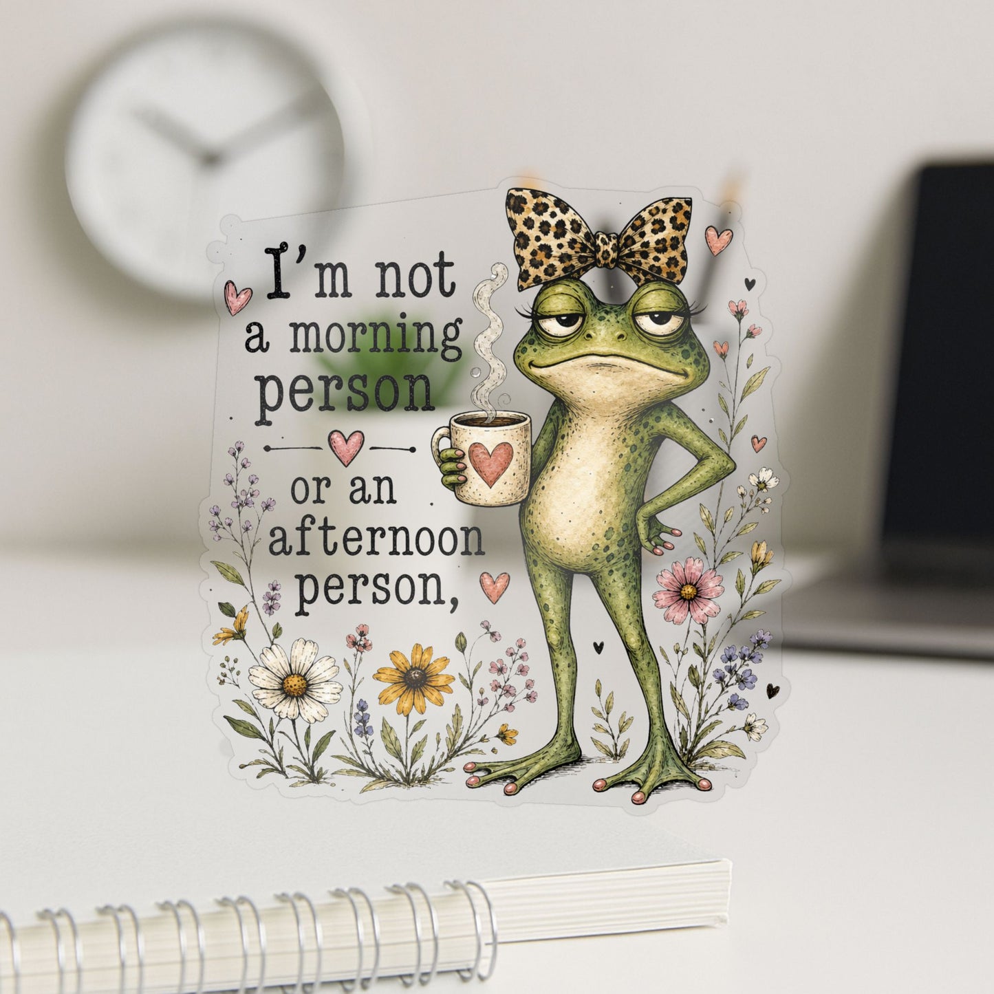 Grumpy Frog with Coffee Not a Morning Person Sticker | Kiss-Cut Vinyl Decal