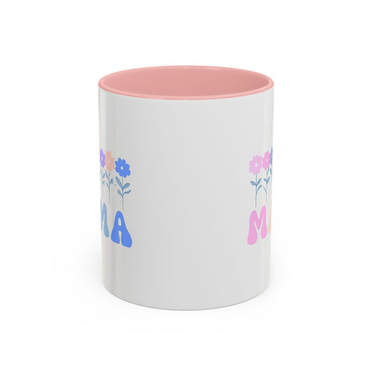 Floral Mama Accent Coffee Mug, Cute Gift for Mom, Pink Handle Coffee Cup, Mother's Day Present, Flower Mug for Moms