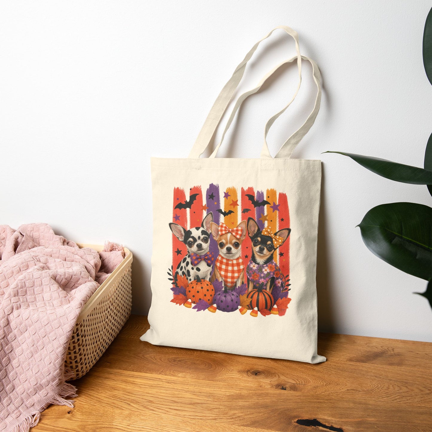Three Chihuahuas in Fall Plaid Tote Bag | Canvas Tote, Autumn Pumpkin Dog Illustration