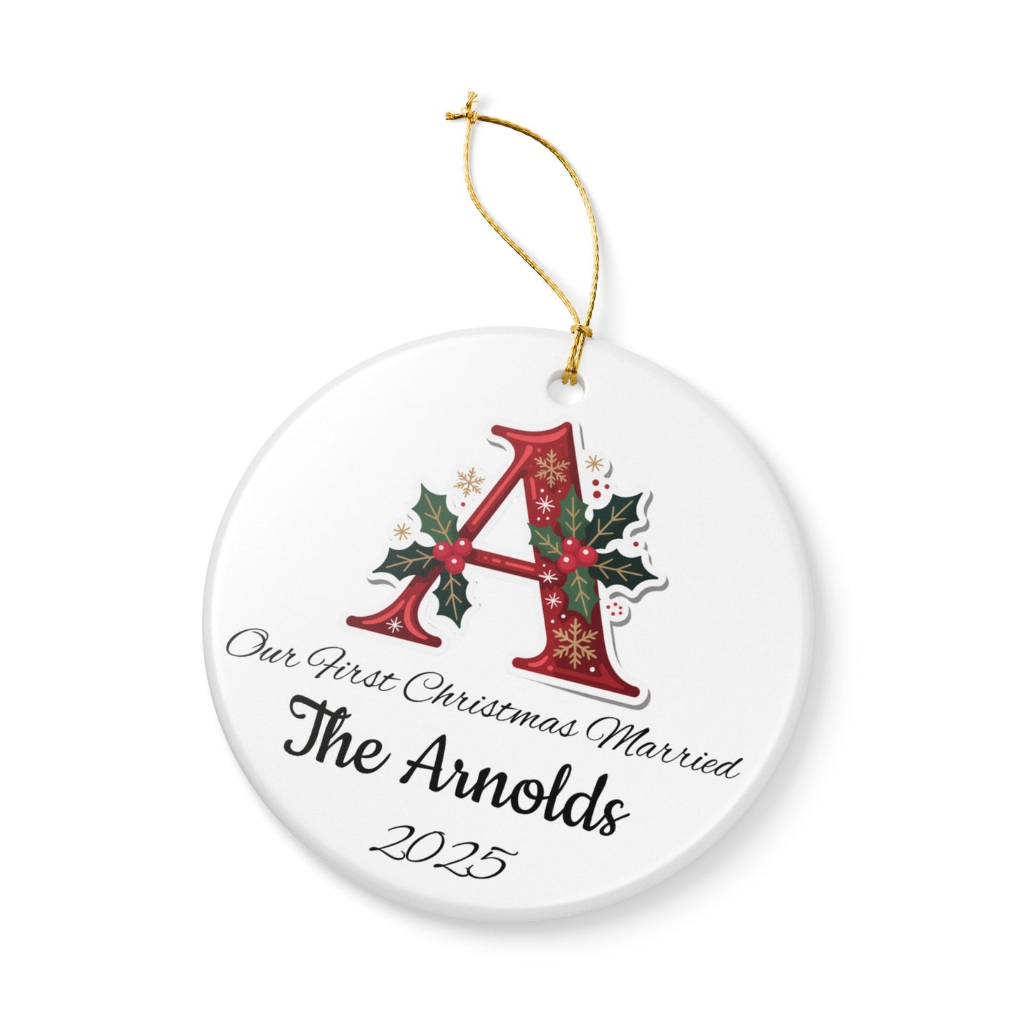 Custom Christmas Monogram Ceramic Ornament, Personalized Holiday Decoration Gift, Xmas Tree Bauble, Festive Name Initial Hanging Decor,