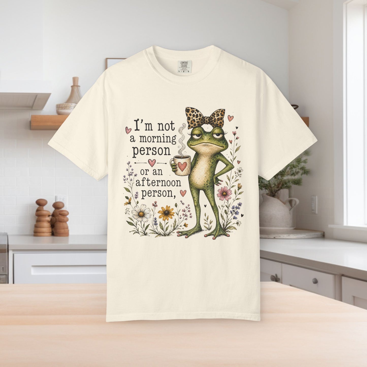 Grumpy Frog with Leopard Headband T-Shirt | Funny Morning Quote, Floral Illustration