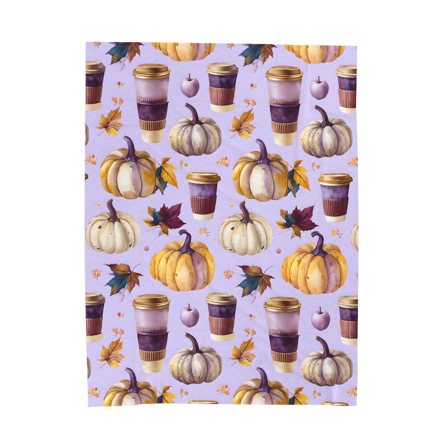 Velveteen Plush Blanket, Purple Watercolor Pumpkin and Coffee Throw, Soft Eco-Friendly Bedding, Cozy Fall Living Room Decor, Halloween